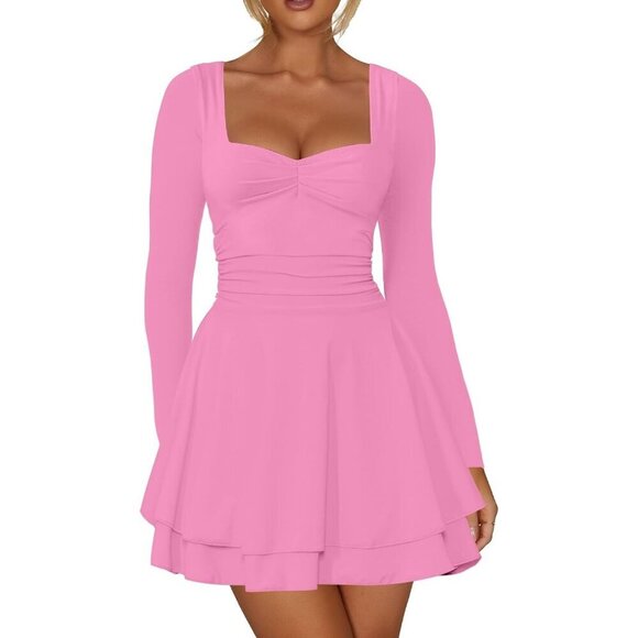 Dresses & Skirts - Women's Pink Square Neck Long Sleeves Ruched Ruffle Corset A Line Party Dress